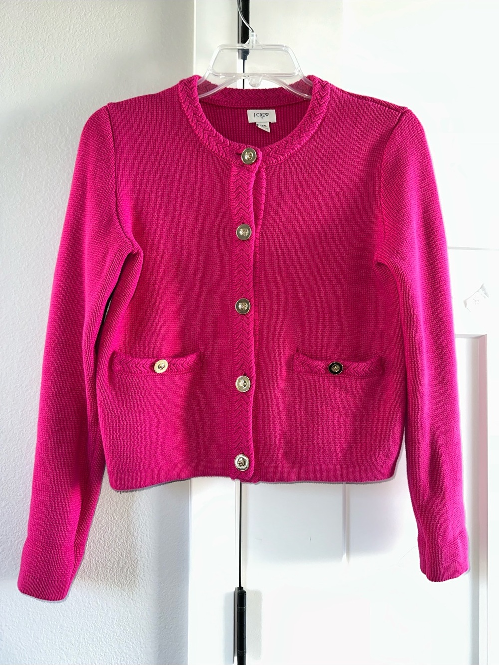 J. Crew Bright Fuchsia Knit Button-Front Cropped Cardigan XXS 100% thick cotton